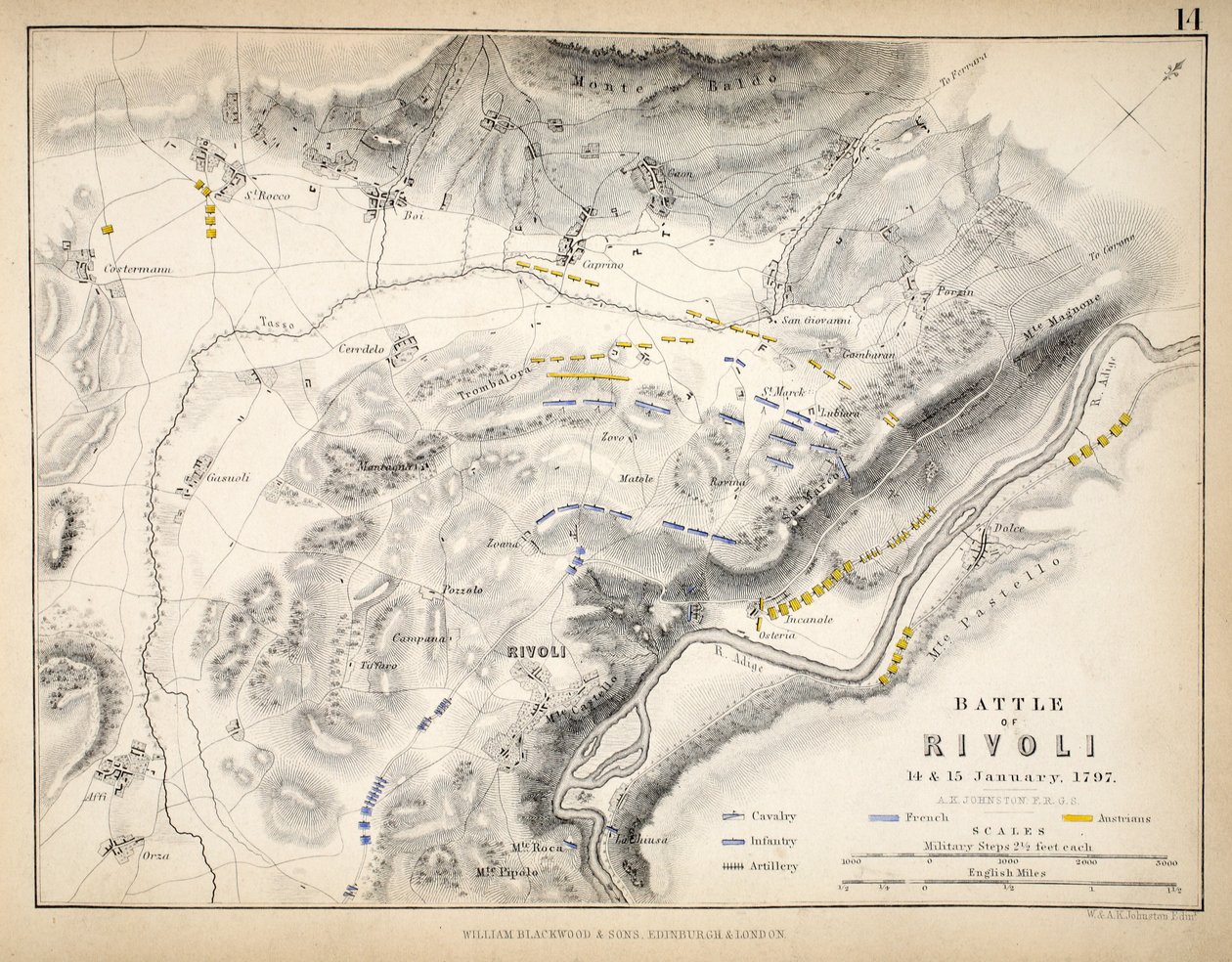 Mapa bitwy pod Rivoli, opublikowana przez Williama Blackwooda i Synów, Edynburg i Londyn, 1848 (rycina ręcznie kolorowana) autorstwa Alexander Keith Johnston