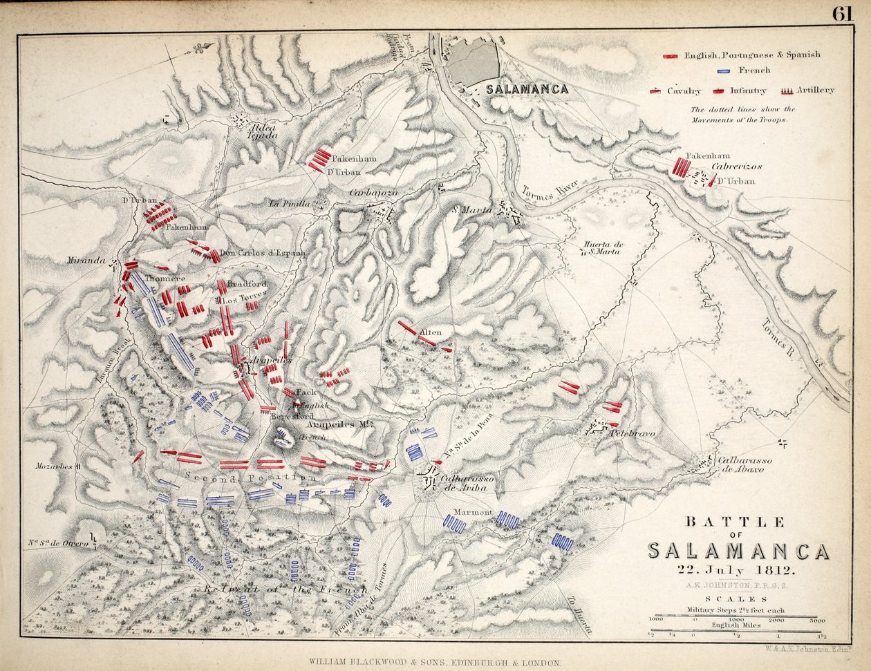 Mapa bitwy pod Salamanką, opublikowana przez Williama Blackwooda i Synów, Edynburg i Londyn, 1848 (rycina ręcznie kolorowana) autorstwa Alexander Keith Johnston