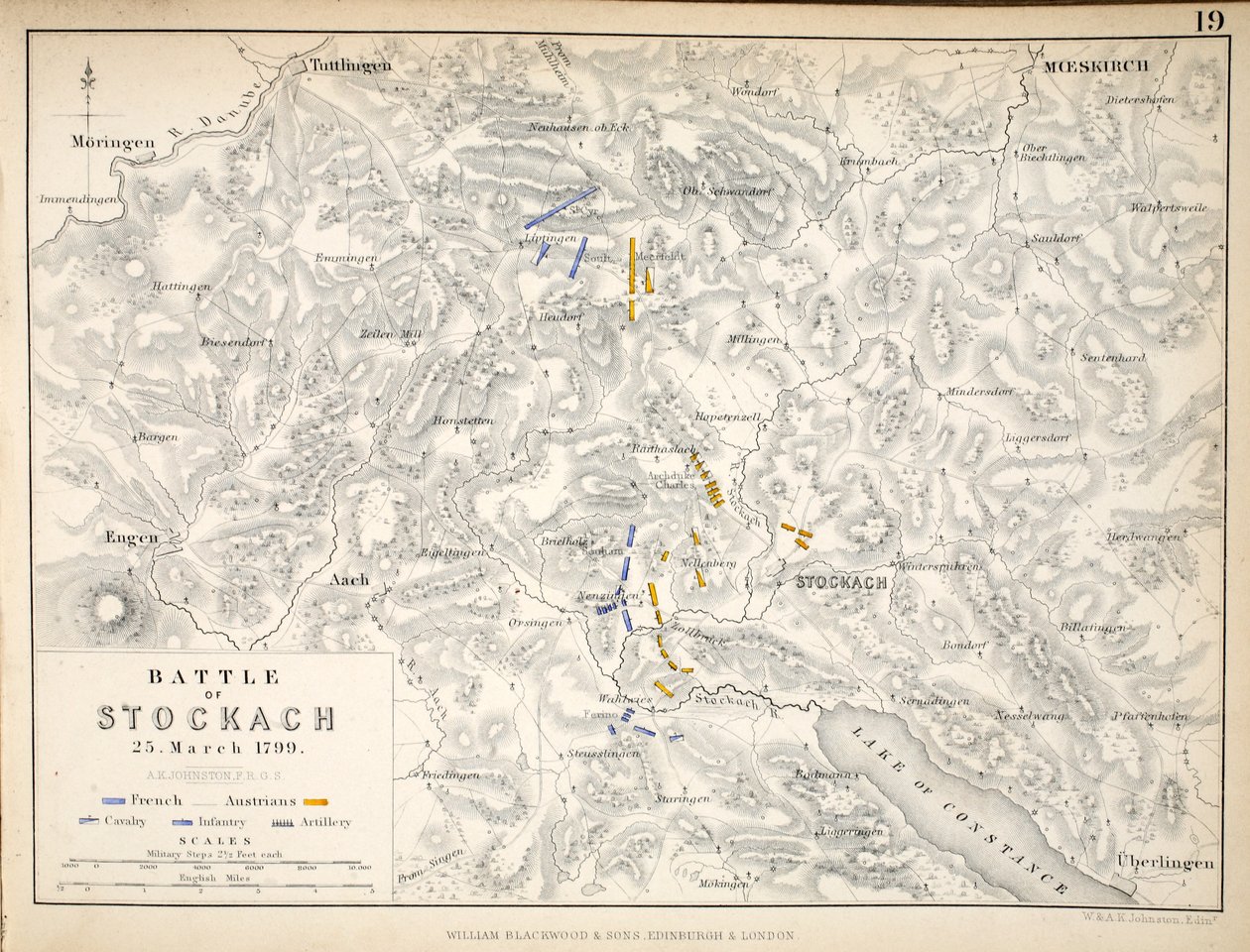 Mapa bitwy pod Stockach, wydana przez William Blackwood and Sons, Edinburgh i Londyn, 1848 (rycina ręcznie kolorowana) autorstwa Alexander Keith Johnston