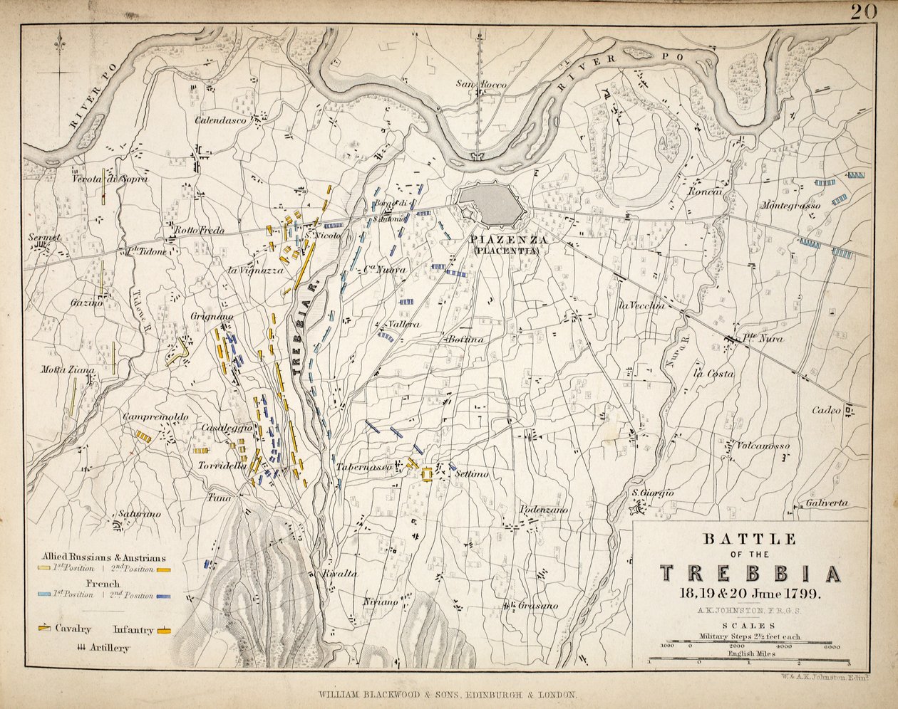 Mapa bitwy pod Trebbia, opublikowana przez Williama Blackwooda i Synów, Edynburg i Londyn, 1848 (rycina ręcznie kolorowana) autorstwa Alexander Keith Johnston