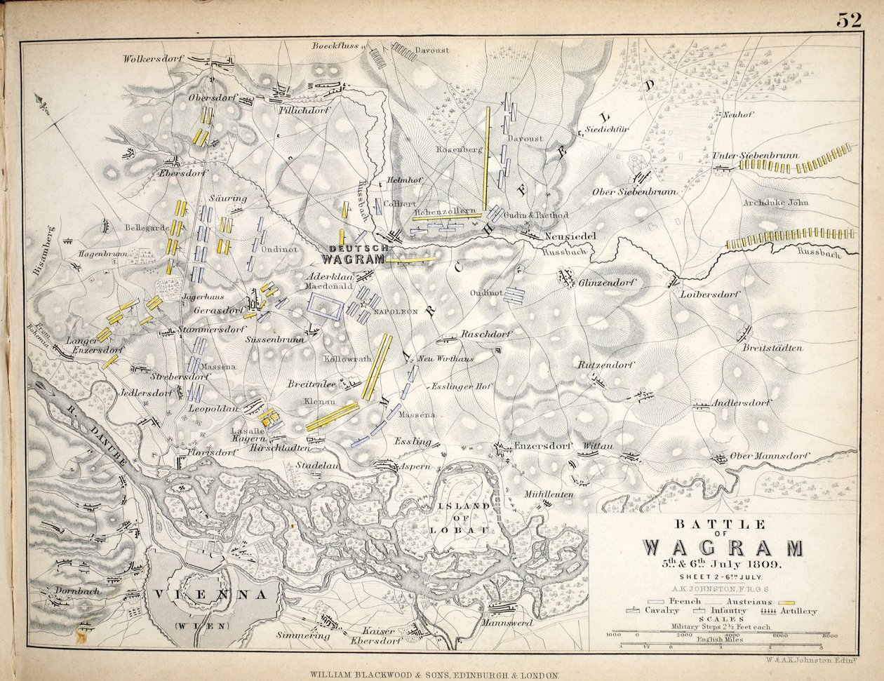 Mapa bitwy pod Wagram, wydana przez William Blackwood and Sons, Edinburgh i Londyn, 1848 (rycina ręcznie kolorowana) autorstwa Alexander Keith Johnston