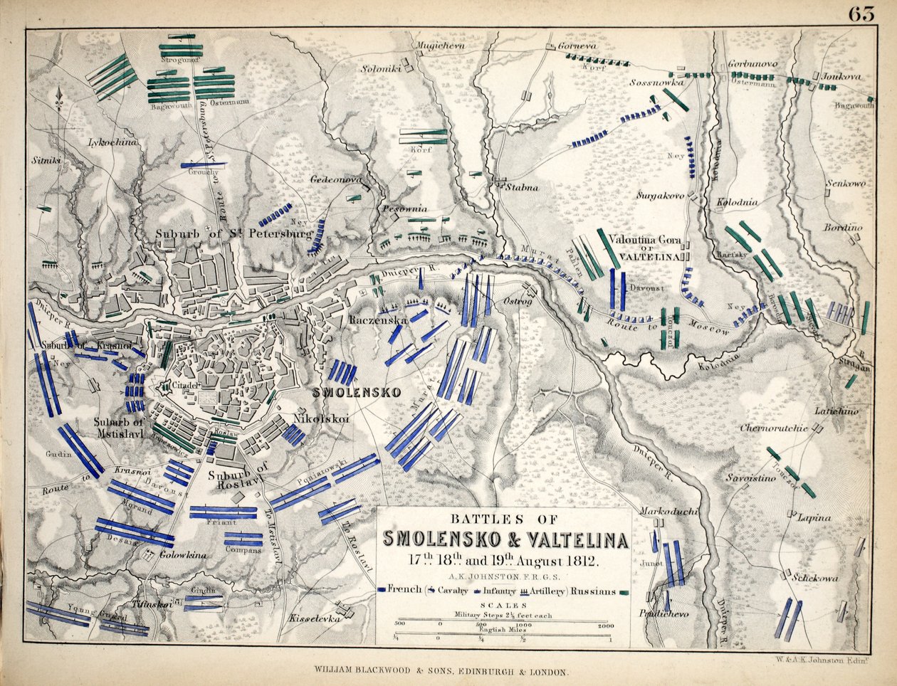 Mapa bitew pod Smoleńskiem i Valteliną, wydana przez Williama Blackwooda i Synów, Edynburg i Londyn, 1848 (rycina ręcznie kolorowana) autorstwa Alexander Keith Johnston