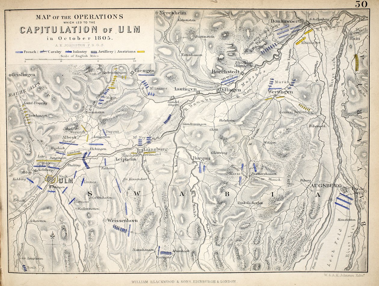 Mapa operacji, które doprowadziły do kapitulacji Ulm, opublikowana przez Williama Blackwooda i Synów, Edynburg i Londyn, 1848 (rycina ręcznie kolorowana) autorstwa Alexander Keith Johnston