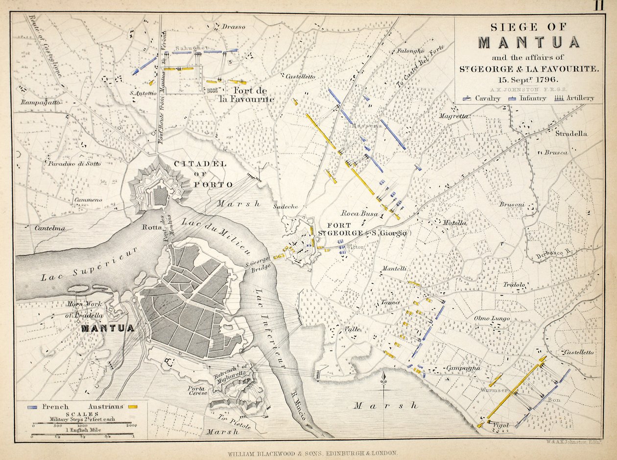Mapa oblężenia Mantui, opublikowana przez William Blackwood and Sons, Edynburg i Londyn, 1848 r. (rycina ręcznie kolorowana) autorstwa Alexander Keith Johnston