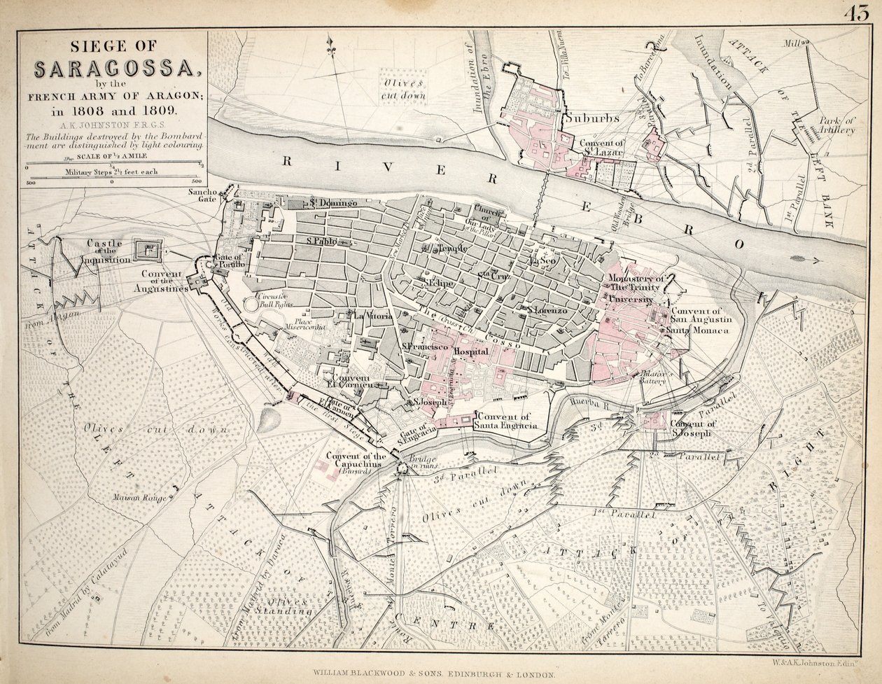 Mapa oblężenia Saragossy, opublikowana przez Williama Blackwooda i Synów, Edynburg i Londyn, 1848 (rycina ręcznie kolorowana) autorstwa Alexander Keith Johnston