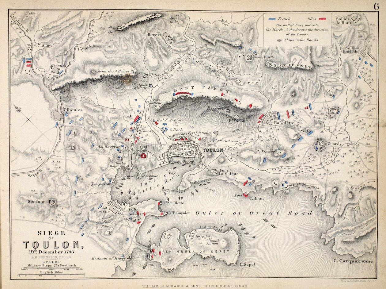 Mapa oblężenia Tulonu, opublikowana przez William Blackwood and Sons, Edynburg i Londyn, 1848 r. (rycina ręcznie kolorowana) autorstwa Alexander Keith Johnston