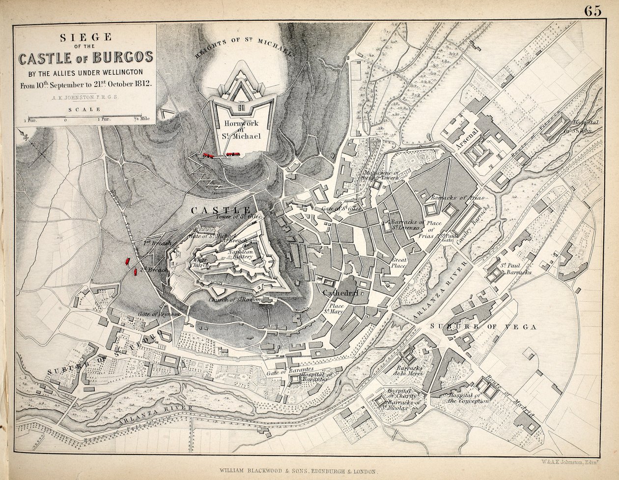 Mapa oblężenia zamku Burgos, wyd. William Blackwood and Sons, Edynburg i Londyn, 1848 r. (rycina ręcznie kolorowana) autorstwa Alexander Keith Johnston