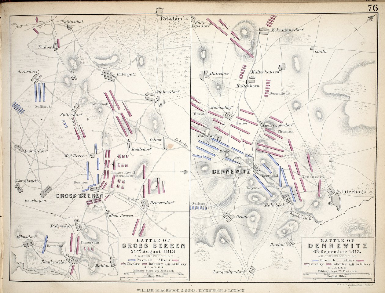 Mapy Bitwy pod Gross Beeren i Bitwy pod Dennewitz, wydane przez Williama Blackwooda i Synów, Edynburg i Londyn, 1848 (rycina ręcznie kolorowana) autorstwa Alexander Keith Johnston