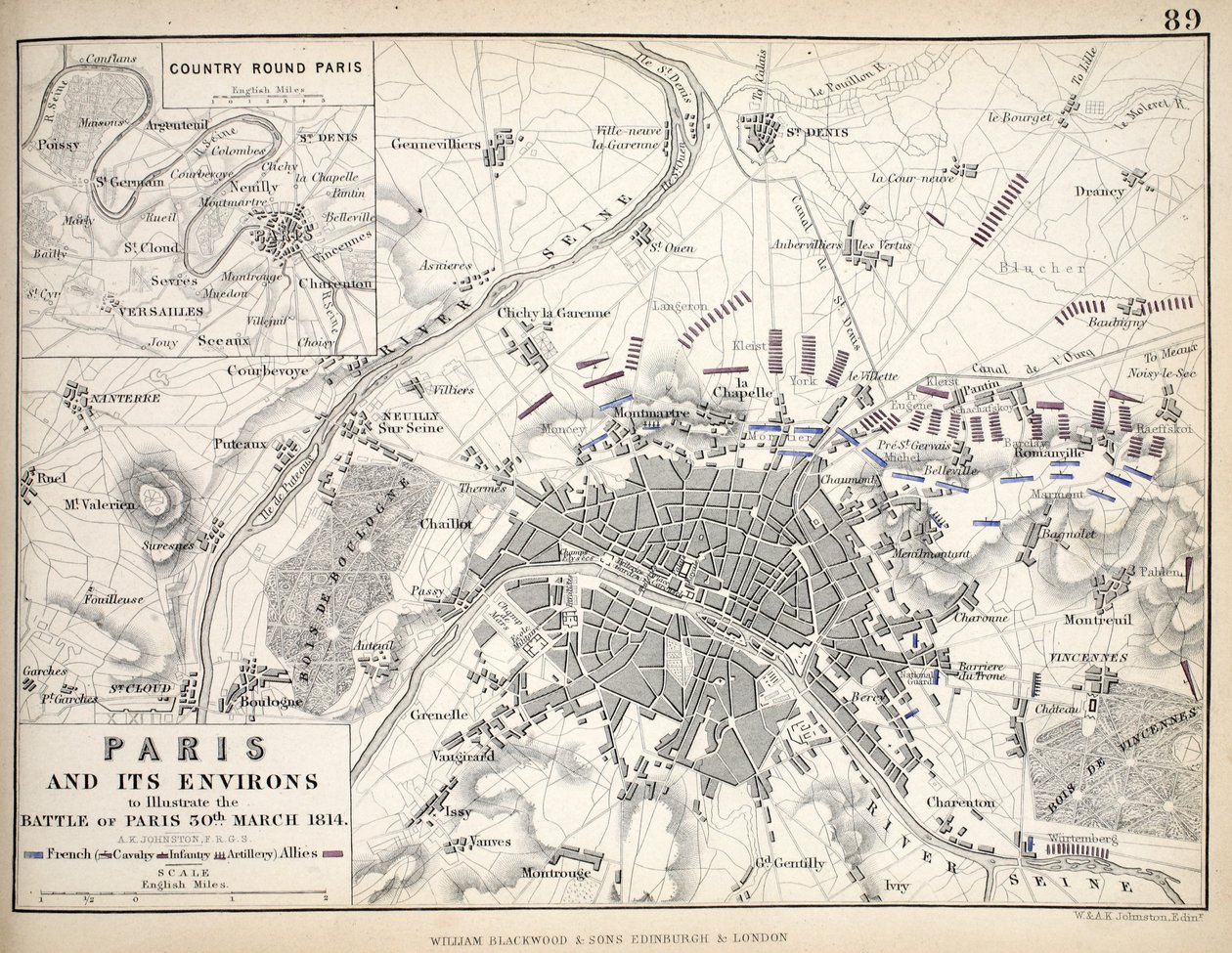 Paryż i jego okolice, ilustrujący Bitwę Paryską, 30 marca 1814, wydana ok. 1830 autorstwa Alexander Keith Johnston