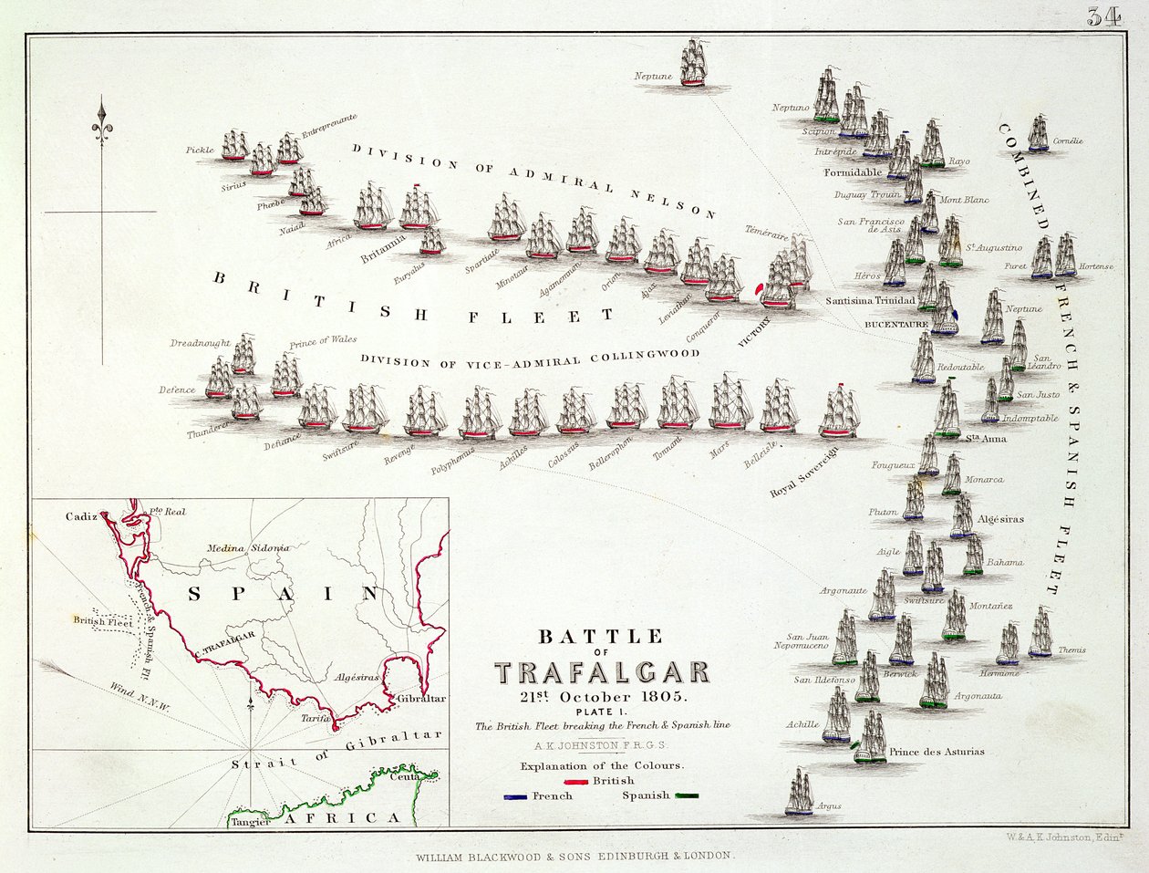 Bitwa pod Trafalgarem, 21 października 1805, Brytyjczycy przełamują francuską i hiszpańską linię, ok. 1830 autorstwa Alexander Keith Johnston