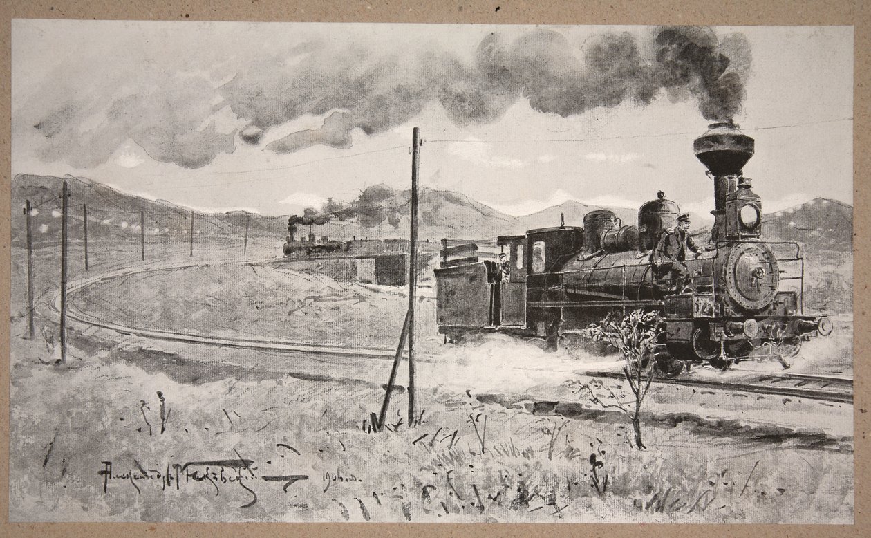 Pociąg ładowany amunicją pod ostrzałem wroga z Liao-Yang do Port Arthur przez podpułkownika Spiridonoffa, 25 kwietnia 1904 r., ilustracja z „Mandżurii: obrazy z wojny rosyjsko-japońskiej”, autorstwa Alexander Vladimirovich Makovsky