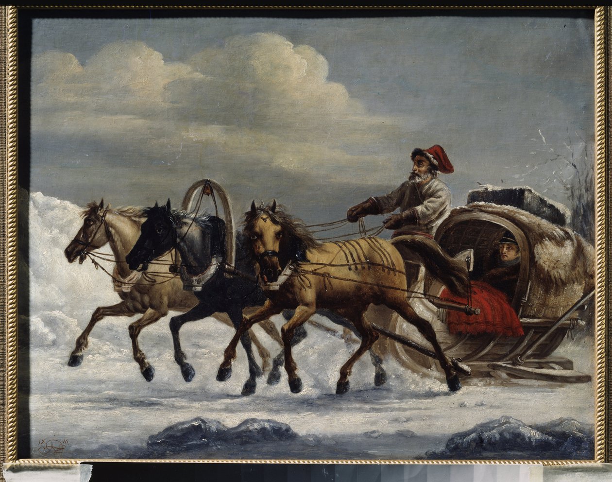 Trojka (sanie ciągnięte przez zaprzęg trzech koni). Obraz Aleksandra Osipowicza Orłowskiego (1777-1832), olej na metalu autorstwa Alexander Orlowski