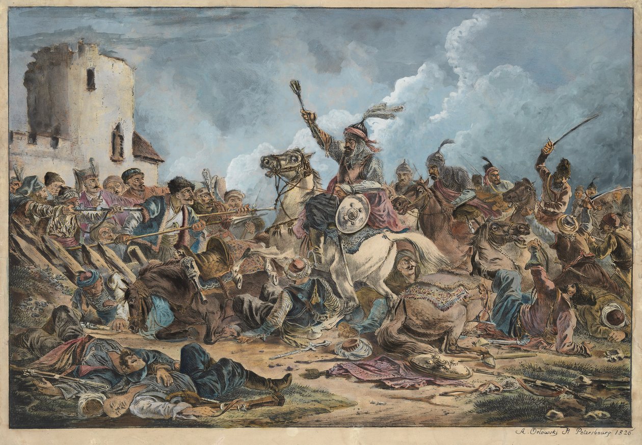 Bataille entre les Georgiens et les tribus de montagne - Bitwa Gruzinów z plemionami górskimi - Orłowski (Orłowski), Aleksander Osipowicz (1777-1832) - 1826 - Litografia, akwarela - 54x77 - Kolekcja prywatna autorstwa Alexander Orlowski