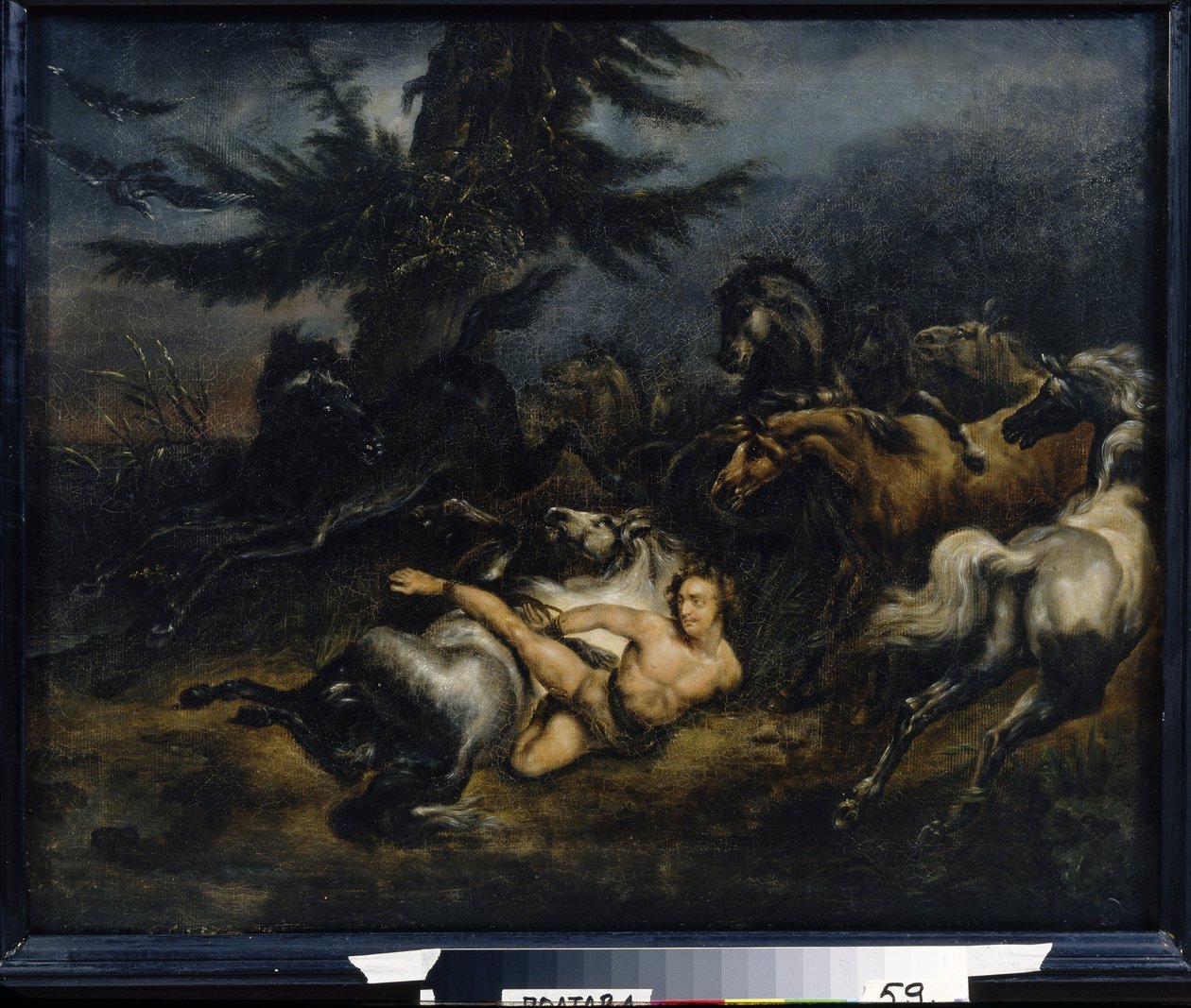 Iwan Mazepa (Jean Mazeppa) (1639-1709). Po złapaniu w flagrante delicto cudzołóstwa zostaje pokryty smołą i przywiązany nago na dzikim koniu, który zabiera go na ukraińskie stepy. Obraz Aleksandra Osipowicza Orłowskiego (1777-1832), hu autorstwa Alexander (1777 1832) Orlowski