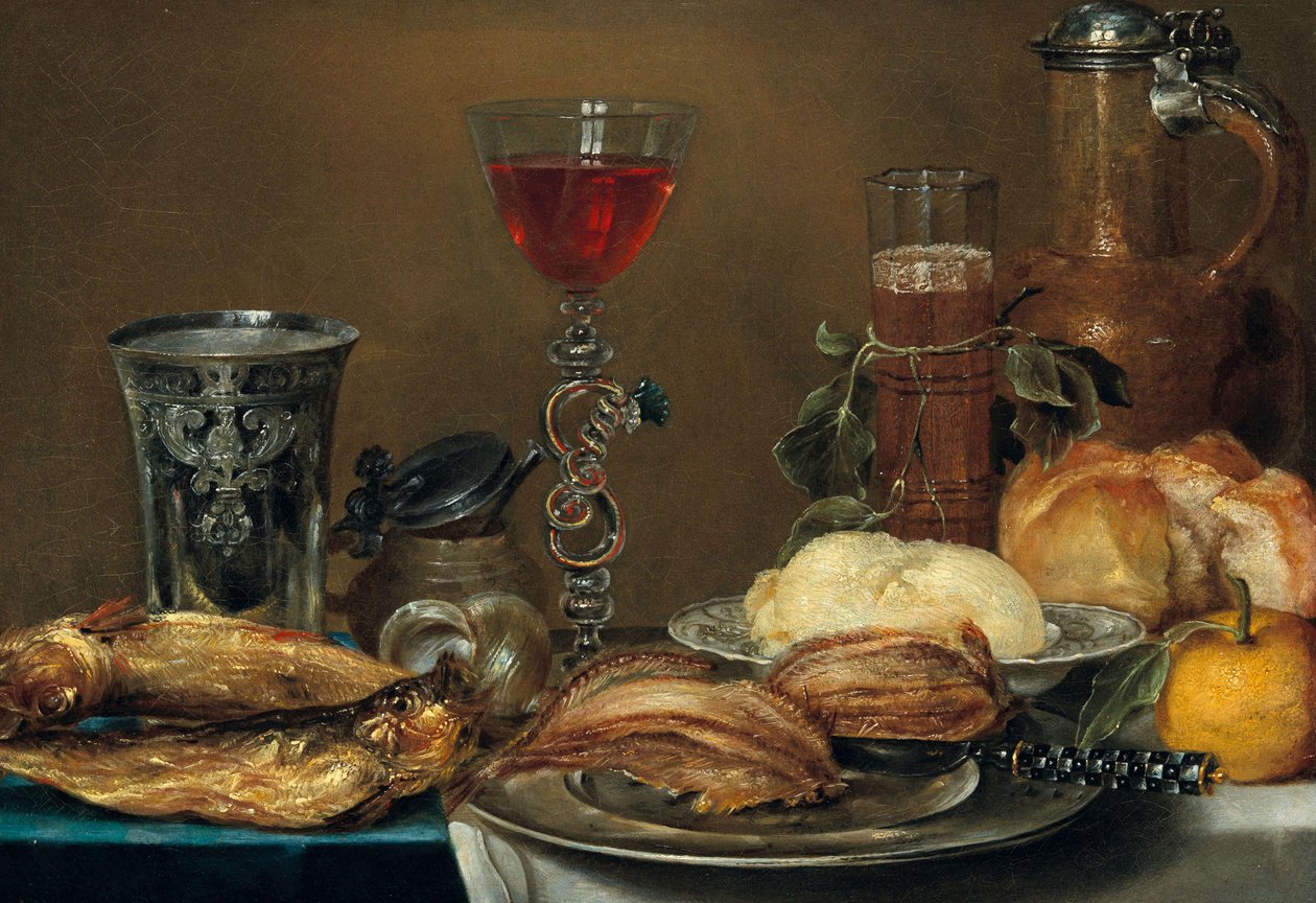 Śniadaniowa martwa natura z rybą, chlebem, masłem i cytryną przed imbrykiem, szklankami i srebrną zlewką autorstwa Alexander Adriaenssen