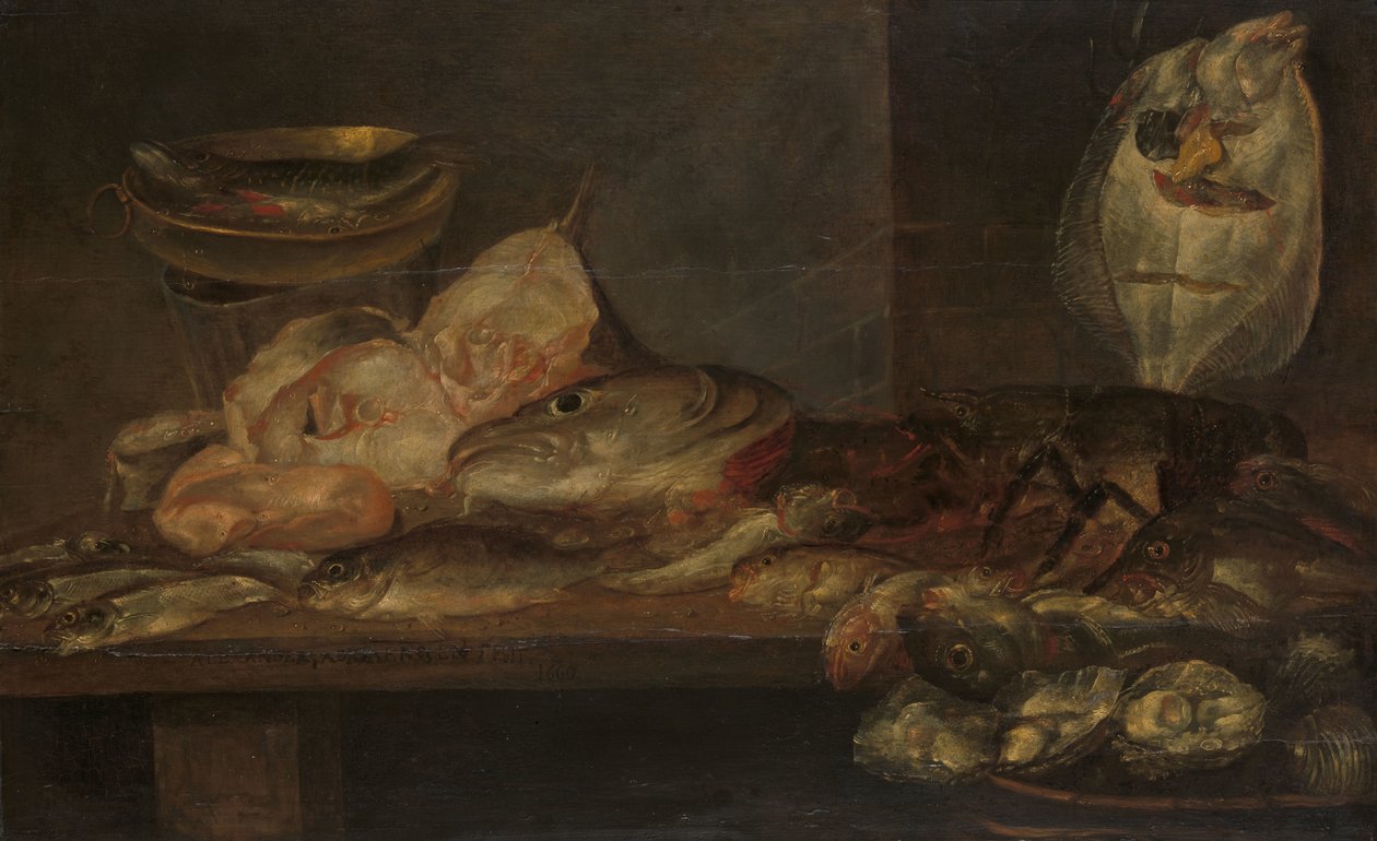 Martwa natura z rybą i homarem i ostrygami na stole w pobliżu autorstwa Alexander Adriaenssen