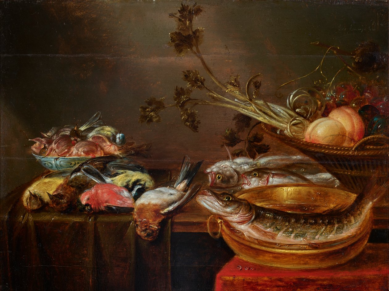 Martwa natura z rybami, ptakami i owocami autorstwa Alexander Adriaenssen