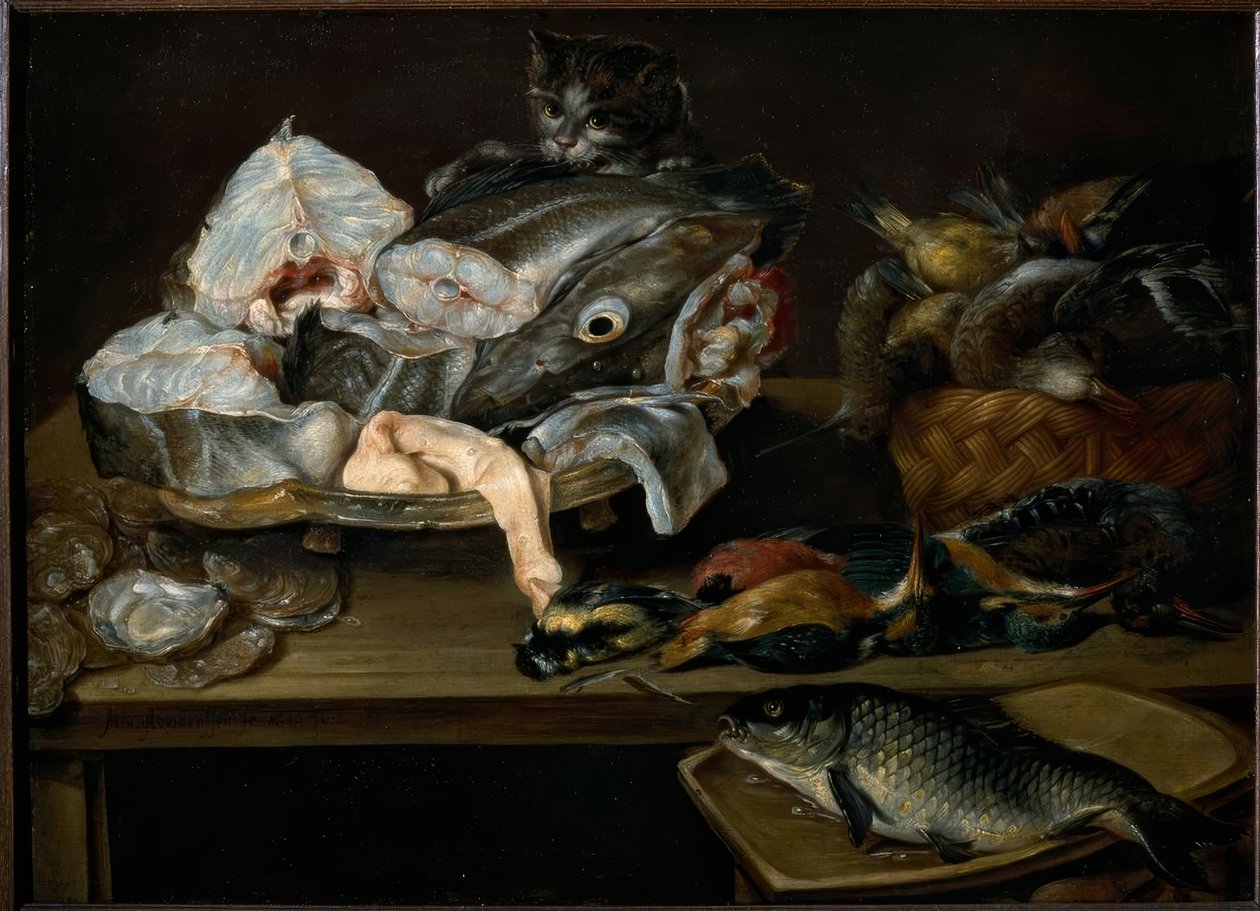 Martwa natura z rybami, owocami morza, drobiem i kotem autorstwa Alexander van Adriaenssen