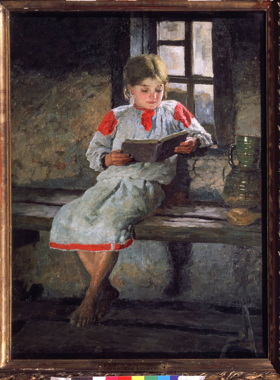 Wspaniała lektura. Mała dziewczynka siedząca przy oknie, pochłonięta historią swojej książki. Obraz Aleksandra Aleksiejewicza Kiselewa (1855-po 1918), olej na płótnie, ok. 1890. XIX-wieczna sztuka rosyjska. Państwo Tretyakov Ga autorstwa Alexander Alexeyevich Kiselev
