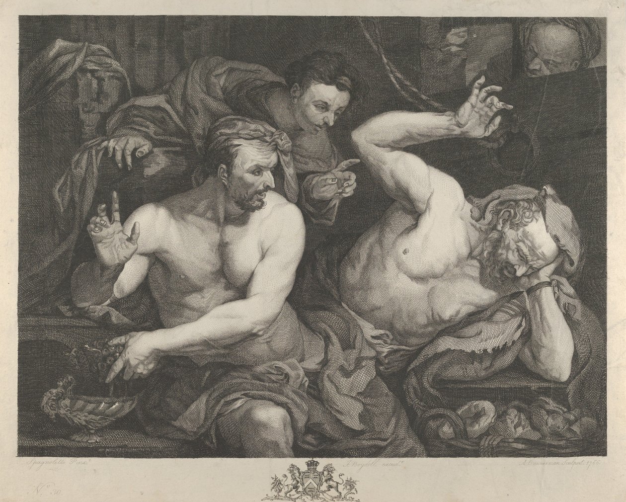 Józef interpretujący sny głównego kamerdynera i piekarza faraona, 1766 r. autorstwa Alexander Bannerman