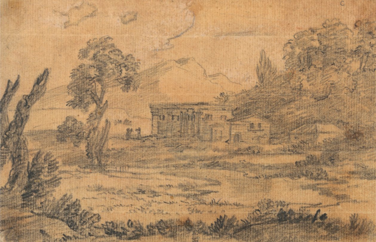Budynki nad rzeką ze wzgórzami w tle autorstwa Alexander Cozens
