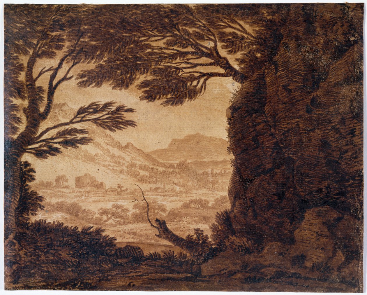 Pejzaż klasyczny, połowa XVIII wieku (sepia na papierze) autorstwa Alexander Cozens