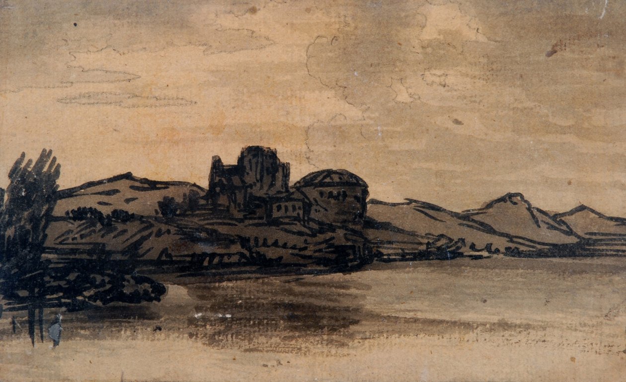 Włoski pejzaż z budynkiem z kopułą (ołówek i pranie na papierze) autorstwa Alexander Cozens