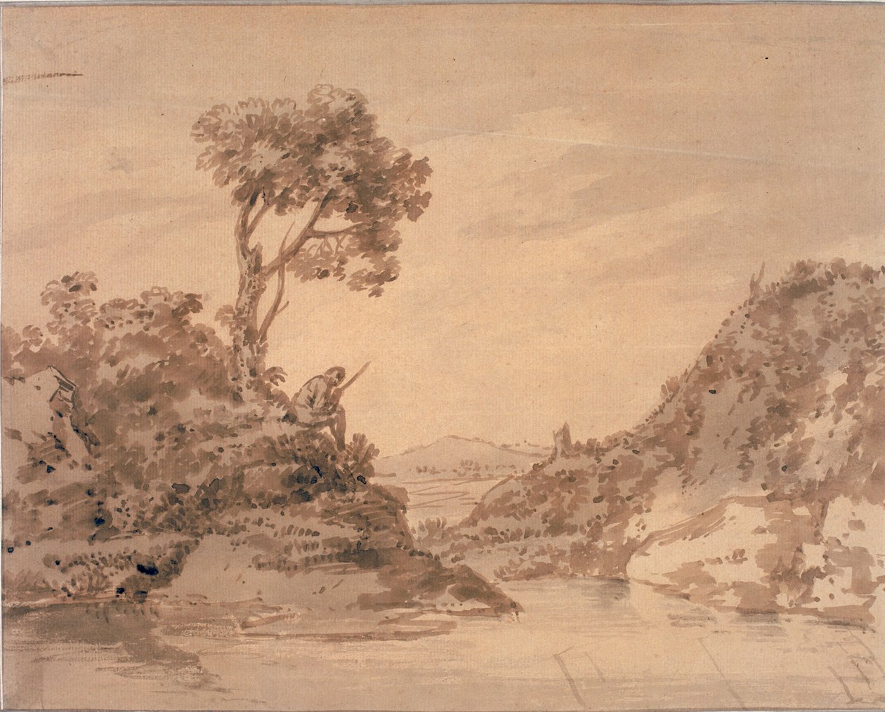 Krajobraz z postacią na brzegu stawu (akwarela, sepia i pranie) autorstwa Alexander Cozens