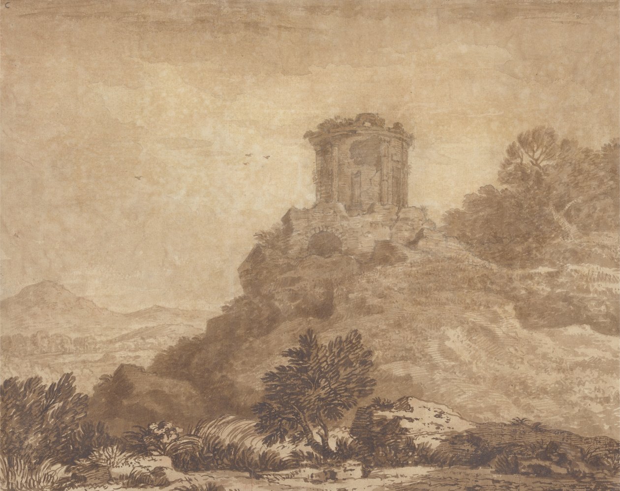 Krajobraz ze zrujnowaną świątynią, ok. 1756 (grafit i wash na papierze) autorstwa Alexander Cozens