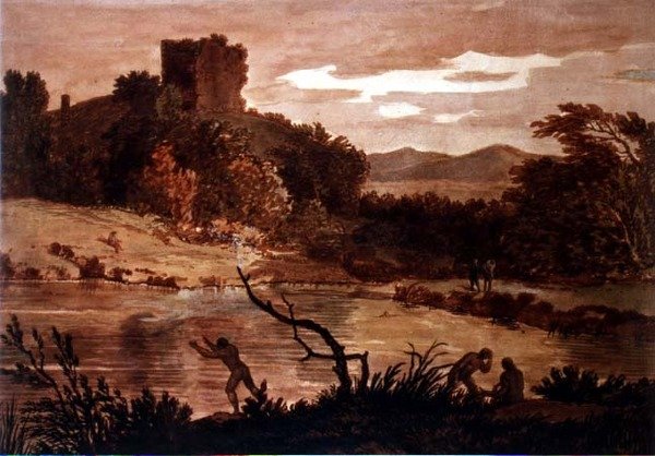 Krajobraz z kąpiącymi się mężczyznami (akwarela) autorstwa Alexander Cozens