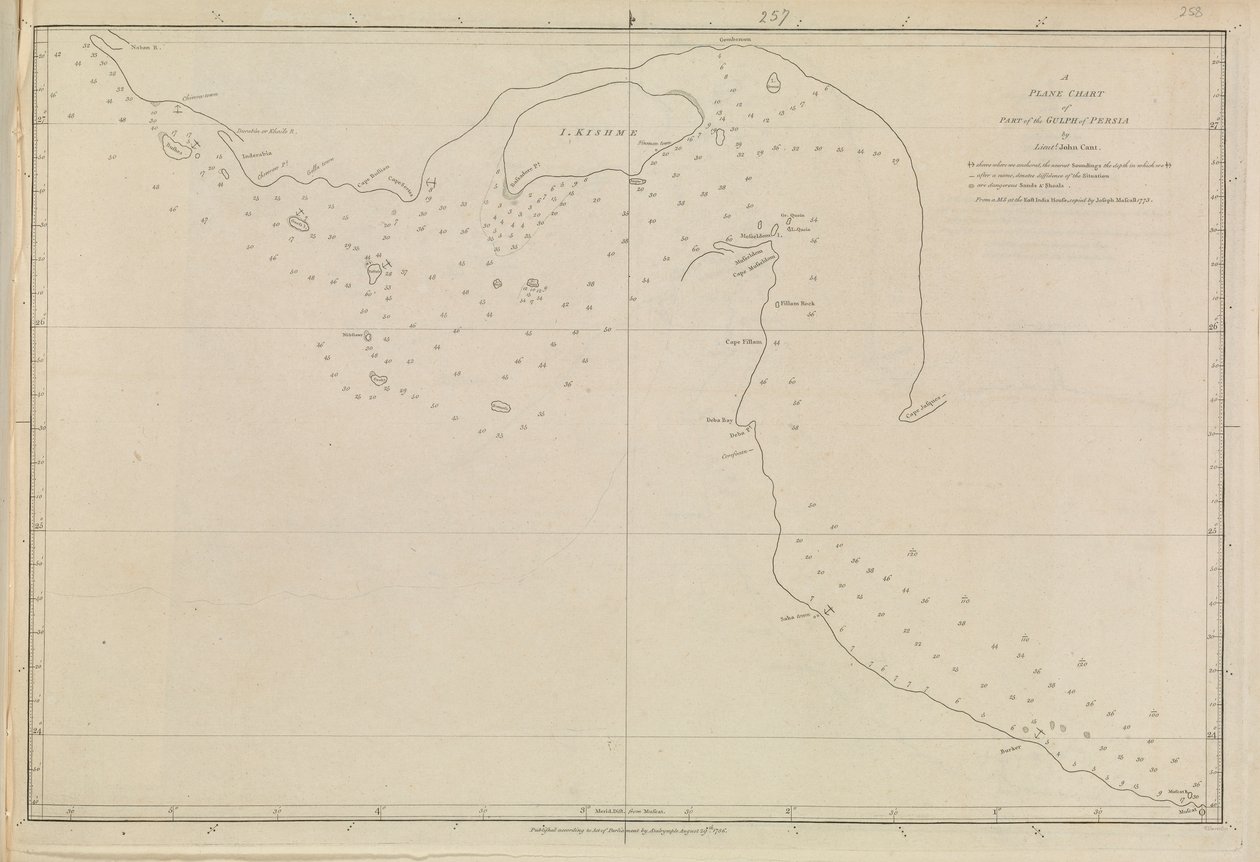 Plany portów, Dalrymple, Alexander opublikowane w 1791 r. Plan Zatoki Perskiej autorstwa porucznika Johna Cant