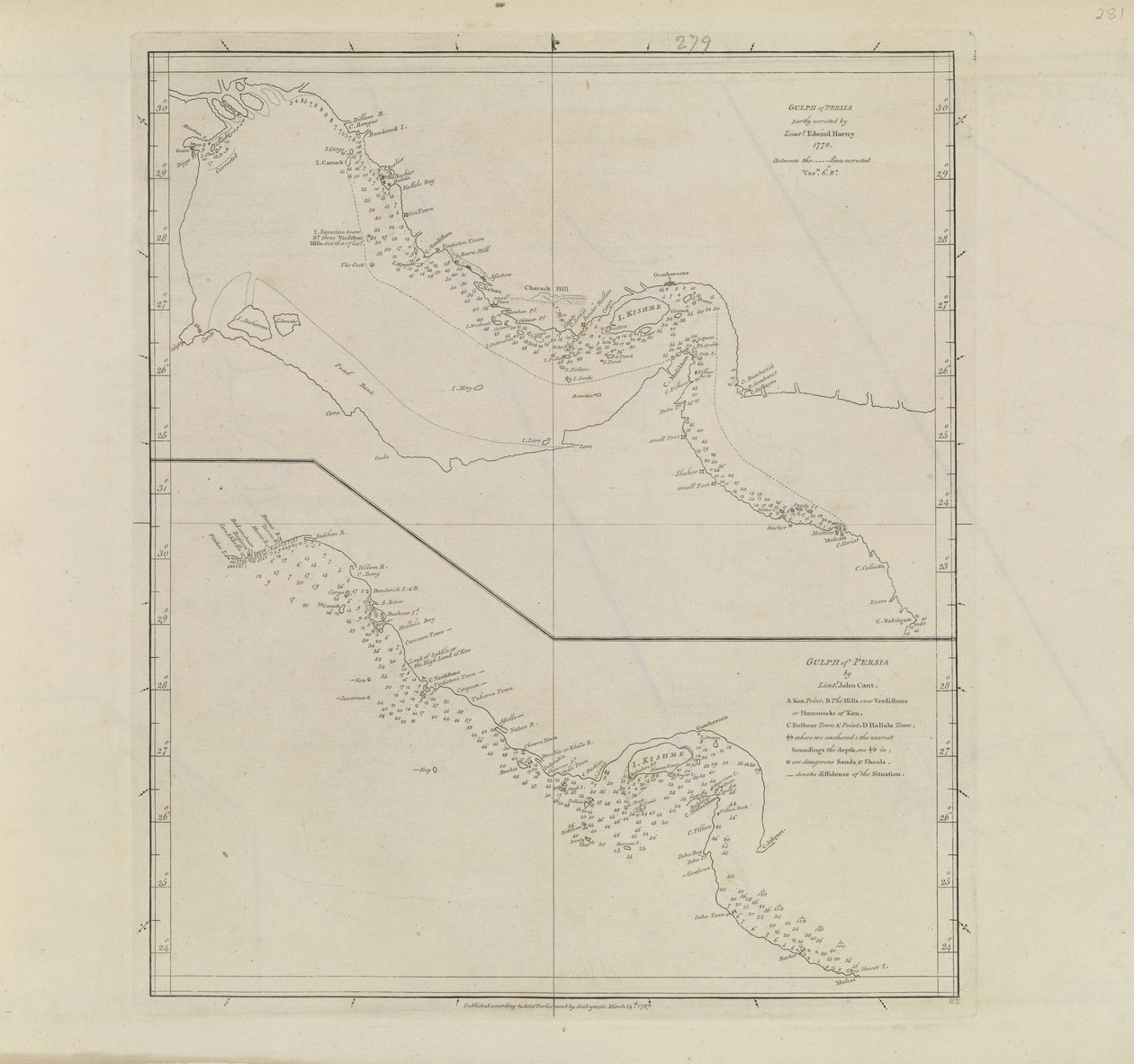 Plany portów, Dalrymple, Alexander opublikowane w 1791 r. Numer identyfikacyjny 41167-2001 Mapa lotnicza części Zatoki Perskiej, częściowo poprawiona przez porucznika Edwarda Harveya 1778 r. autorstwa Alexander Dalrymple