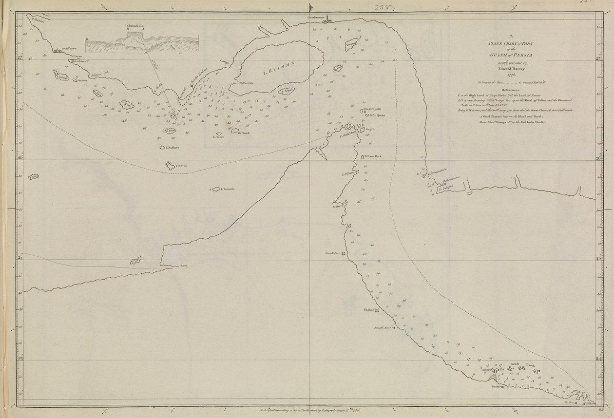 Plany portów, Dalrymple, Alexander opublikowane w 1791 r. Numer identyfikacyjny 41167-2001 Mapa lotnicza części Zatoki Perskiej, częściowo poprawiona przez porucznika Edwarda Harveya 1778 r. autorstwa Alexander Dalrymple