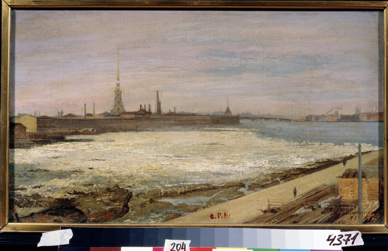 Lodowy dryf nad Newą w Sankt Petersburgu (lody dryfujące w Sankt Petersburgu). W tle katedra św. Piotra i Pawła oraz twierdza. Obraz Aleksandra Dmitriewicza Litovchenko (Litovchenko) (1835-1890), olej na płótnie autorstwa Alexander Dimitrievitch Litovtchenko