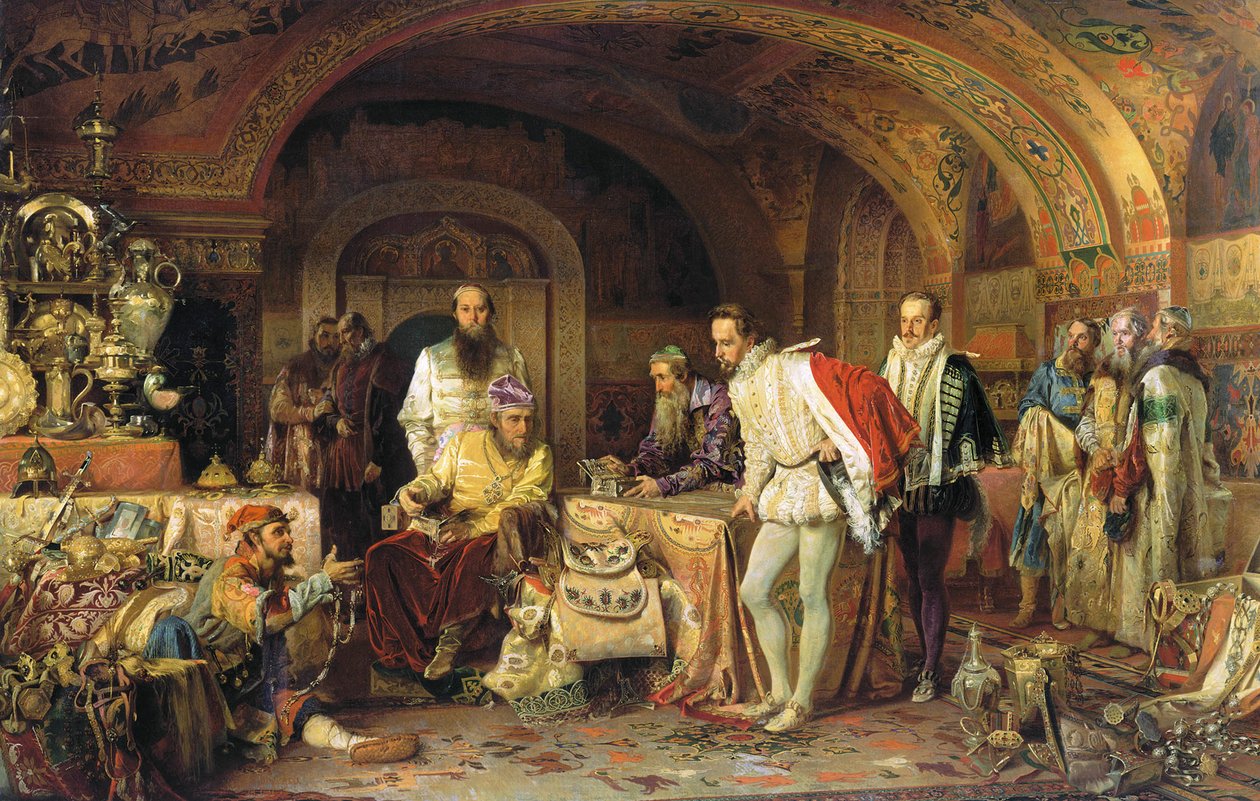 Iwan IV z Rosji demonstruje swoje skarby ambasadorowi angielskiej królowej Elżbiety I, 1875 r autorstwa Alexander Dmitrievich Litovchenko