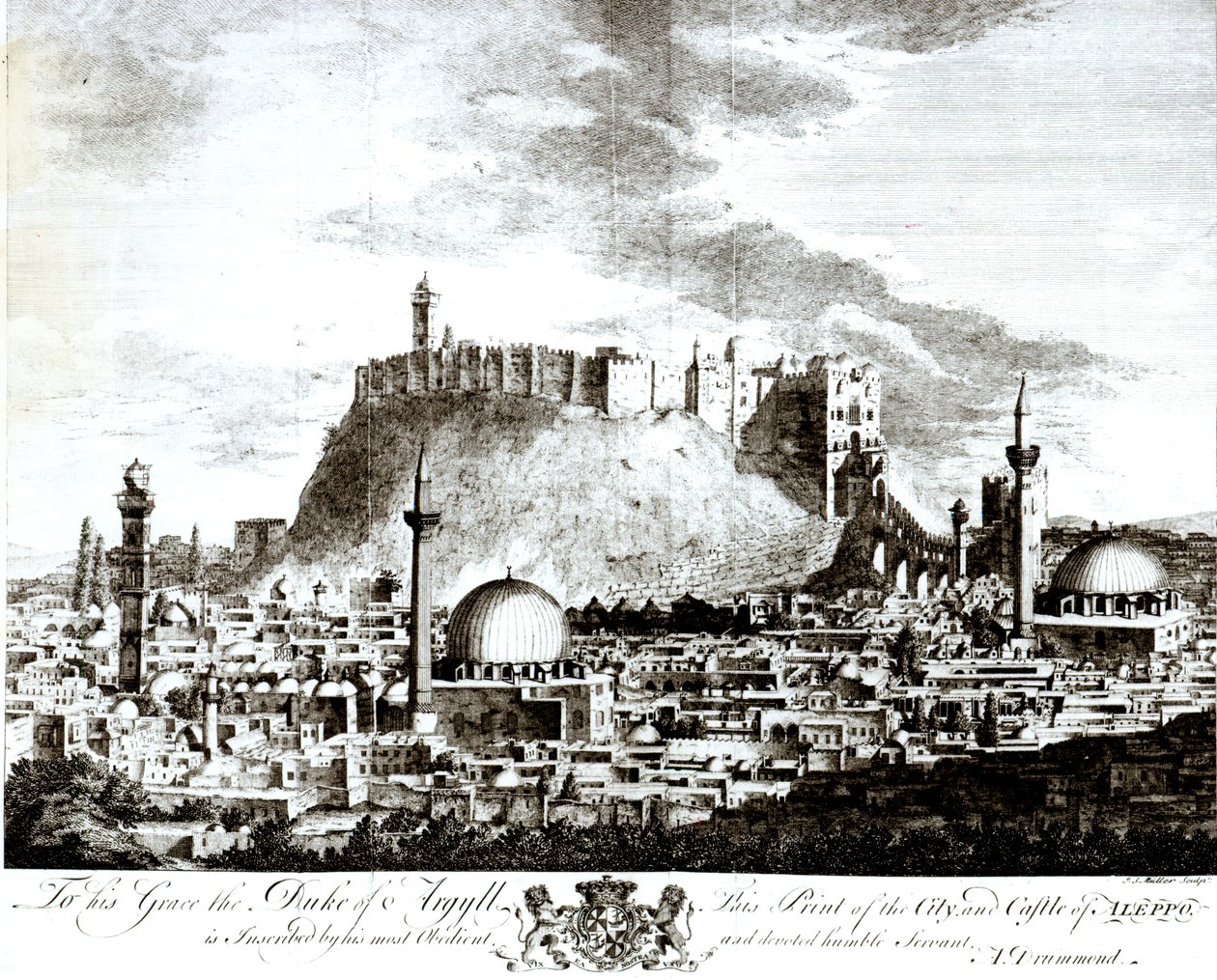 Widok miasta i zamku Aleppo, Syria, 1754 autorstwa Alexander Drummond