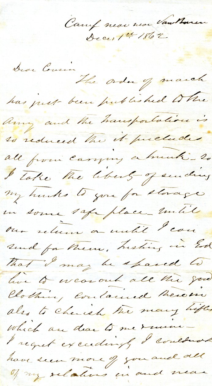 List podpisany A.E. Steen, obóz w pobliżu Van Buren, do swojej kuzynki pani Mary Walker, Van Buren, Ark., 1 grudnia 1862 autorstwa Alexander Early Steen