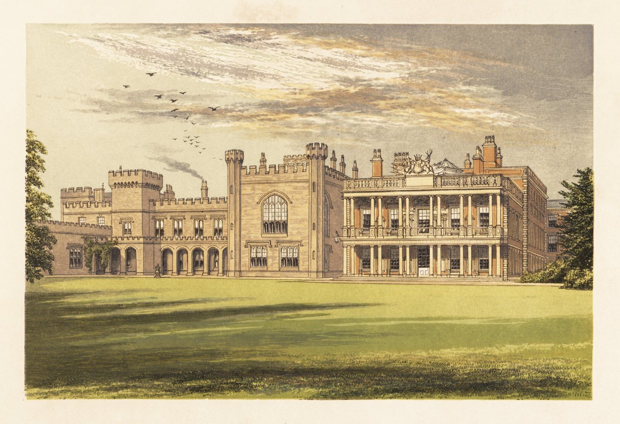 Knowsley Hall, Lancashire, Anglia. ,1880 (grawerowanie) autorstwa Alexander Francis (after) Lydon