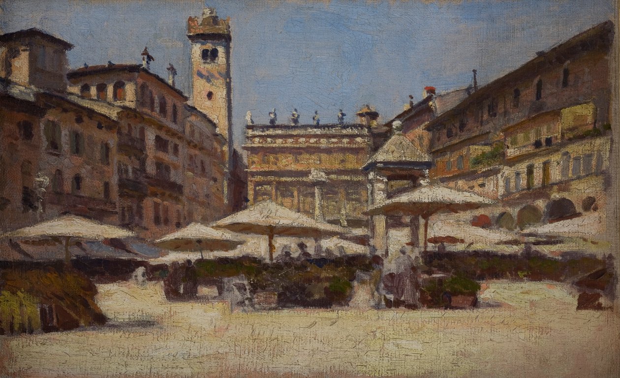 Piazza delle Erbe w Weronie, ok. 1900 r. (olej na płótnie) autorstwa Alexander Gierymski