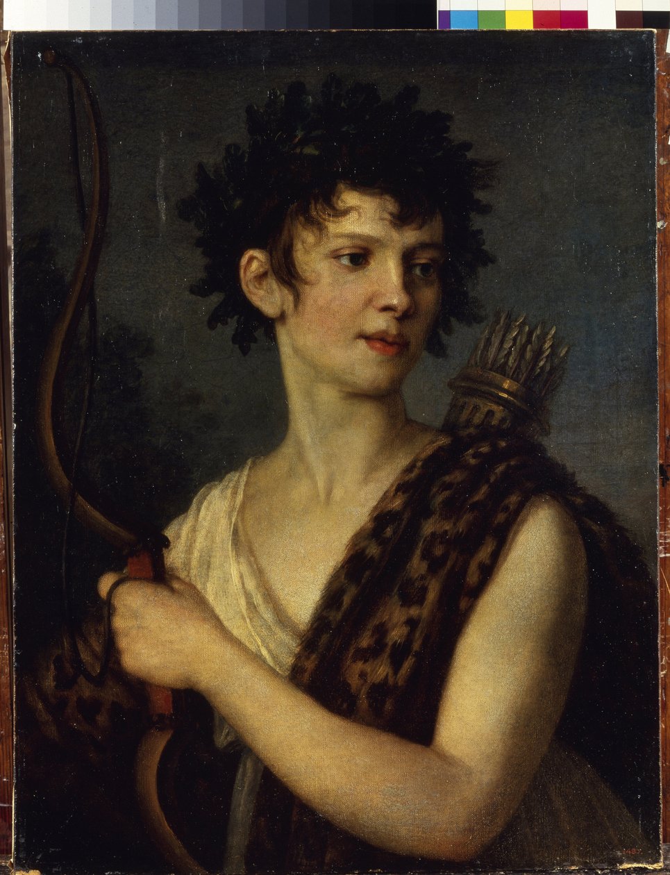 Portret aktorki i baletnicy Evgenia Kolosova (1782-1869). (Portret aktorki i tancerki baletowej E. Kolosowej). Przedstawiony z łukiem i kołczanem wypełnionym strzałami, zwieńczony liśćmi dębu i ubrany w skórę lamparta. pei autorstwa Alexander Grigoryevich Vanek