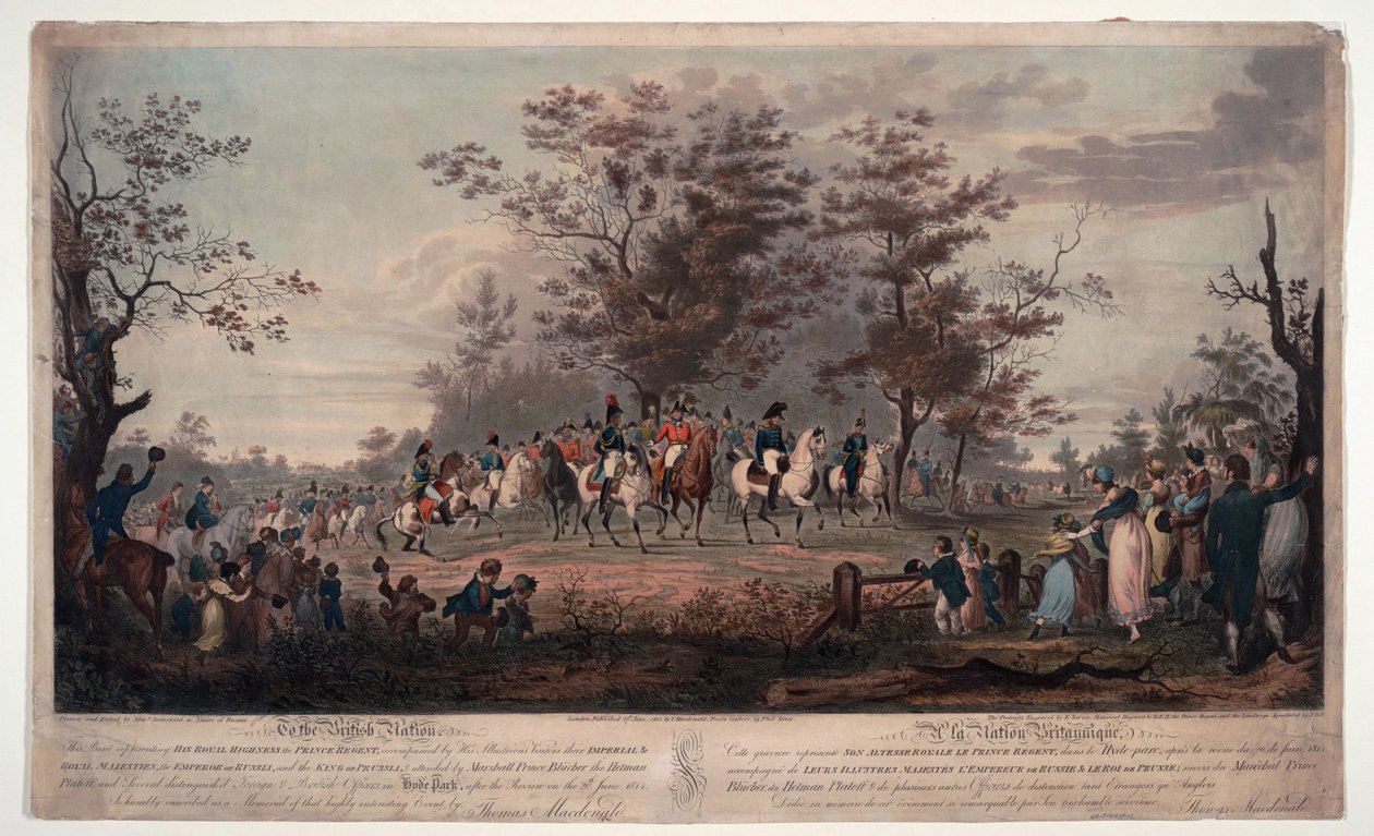 Fryderyk Guillaume (Frederic-Guillaume) III Prus (1770-1840) - Sprzymierzeni władcy przechodzący przegląd w Hyde Parku 1814 - Książę Regent, Wilhelm III Pruski, Aleksander I (Aleksander I). autorstwa Alexander Ivanovich Sauerweid