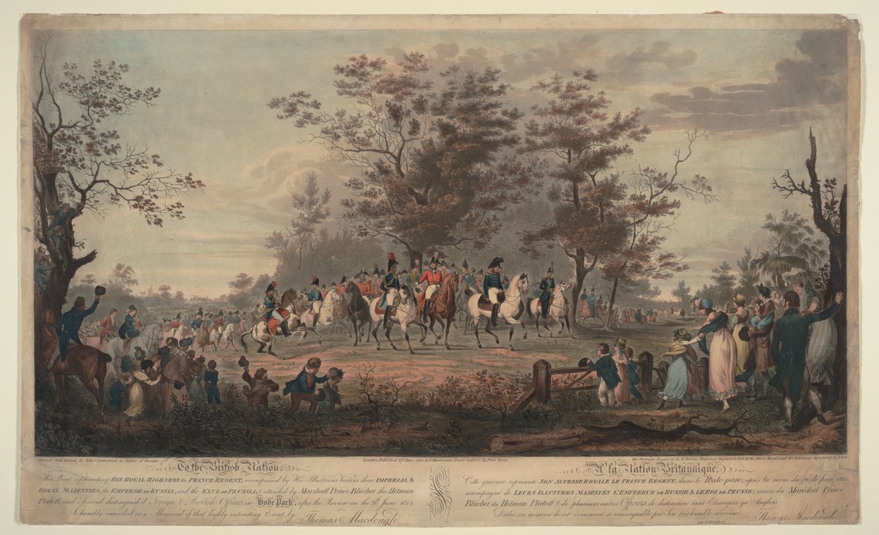 Książę regent, Wilhelm III Pruski, Aleksander I, generał Blücher i hetman Płatow przeglądają wojska autorstwa Alexander Ivanovich Sauerweid