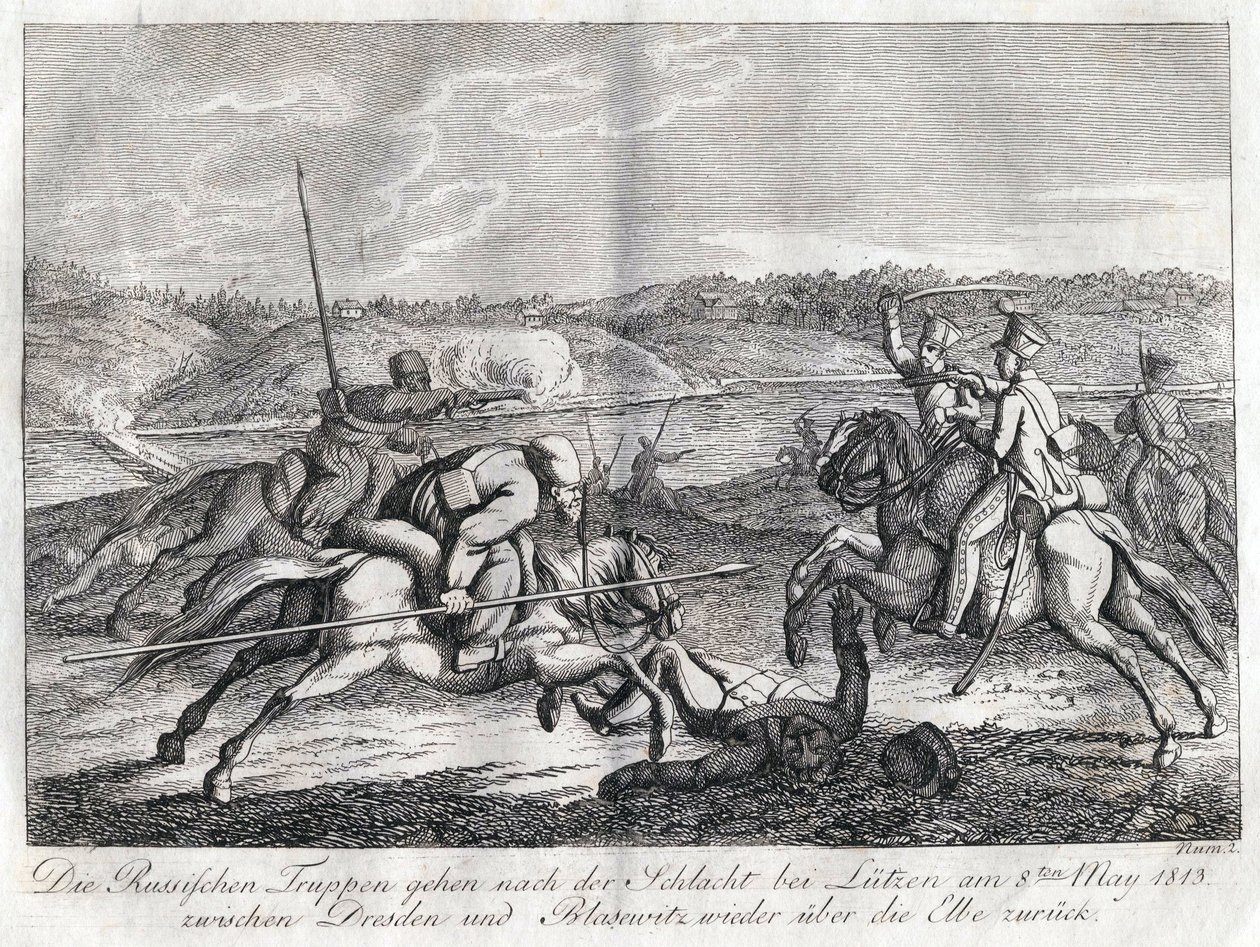 Wojska rosyjskie idą po bitwie pod Lutzen z powrotem przez Łabę - Sauerweid, Aleksander Iwanowicz (1783-1844) - 1813 - Trawienie - 21x26 - Kolekcja prywatna autorstwa Alexander Ivanovich Sauerweid