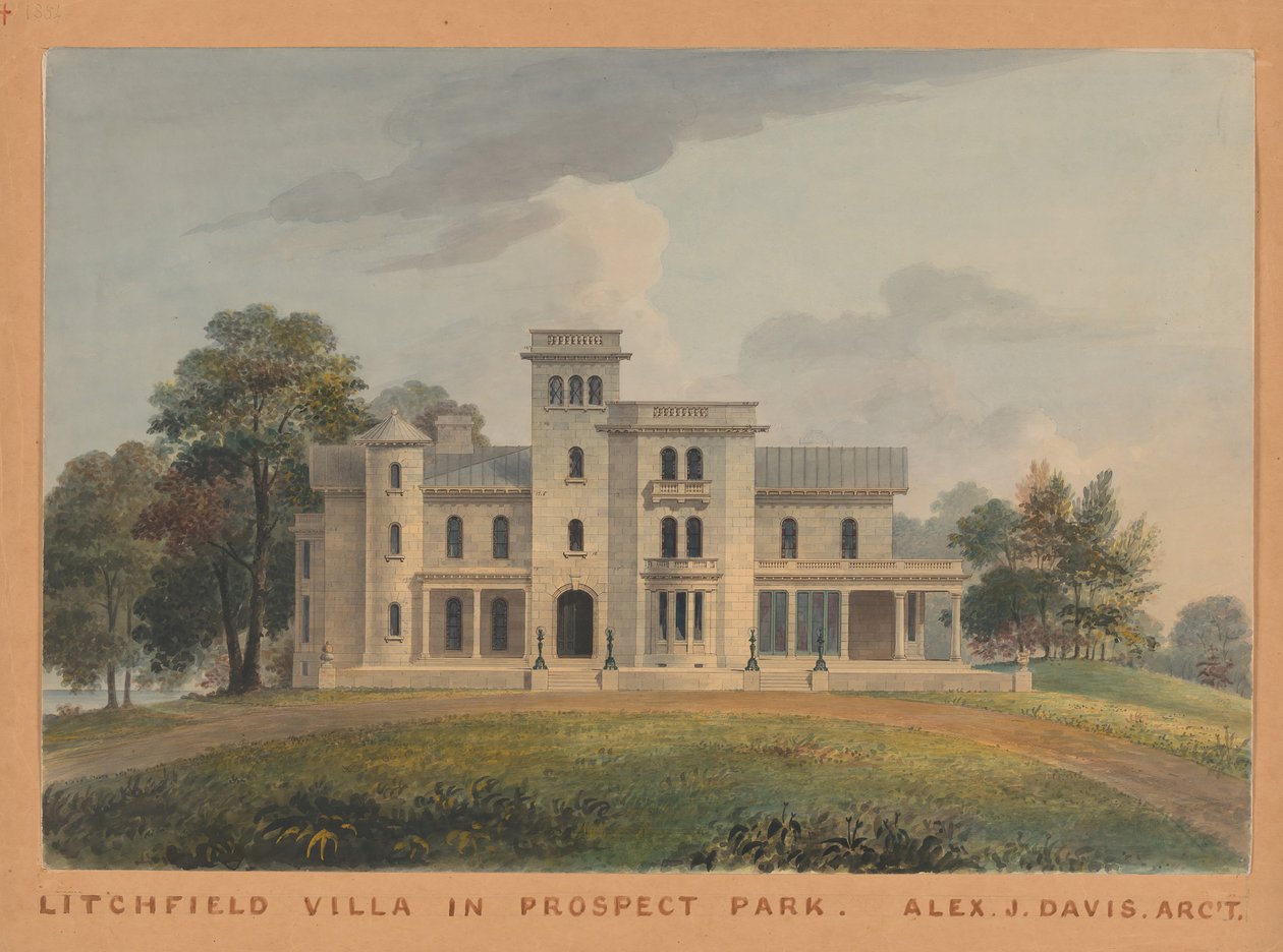 Grace Hill dla Edwina C. Litchfielda, Brooklyn, elewacja frontowa Nowego Jorku, 1854. autorstwa Alexander Jackson Davis