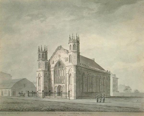 Kościół św. Tomasza, Broadway, Nowy Jork, c.1829 (akwarela na papierze) autorstwa Alexander Jackson Davis