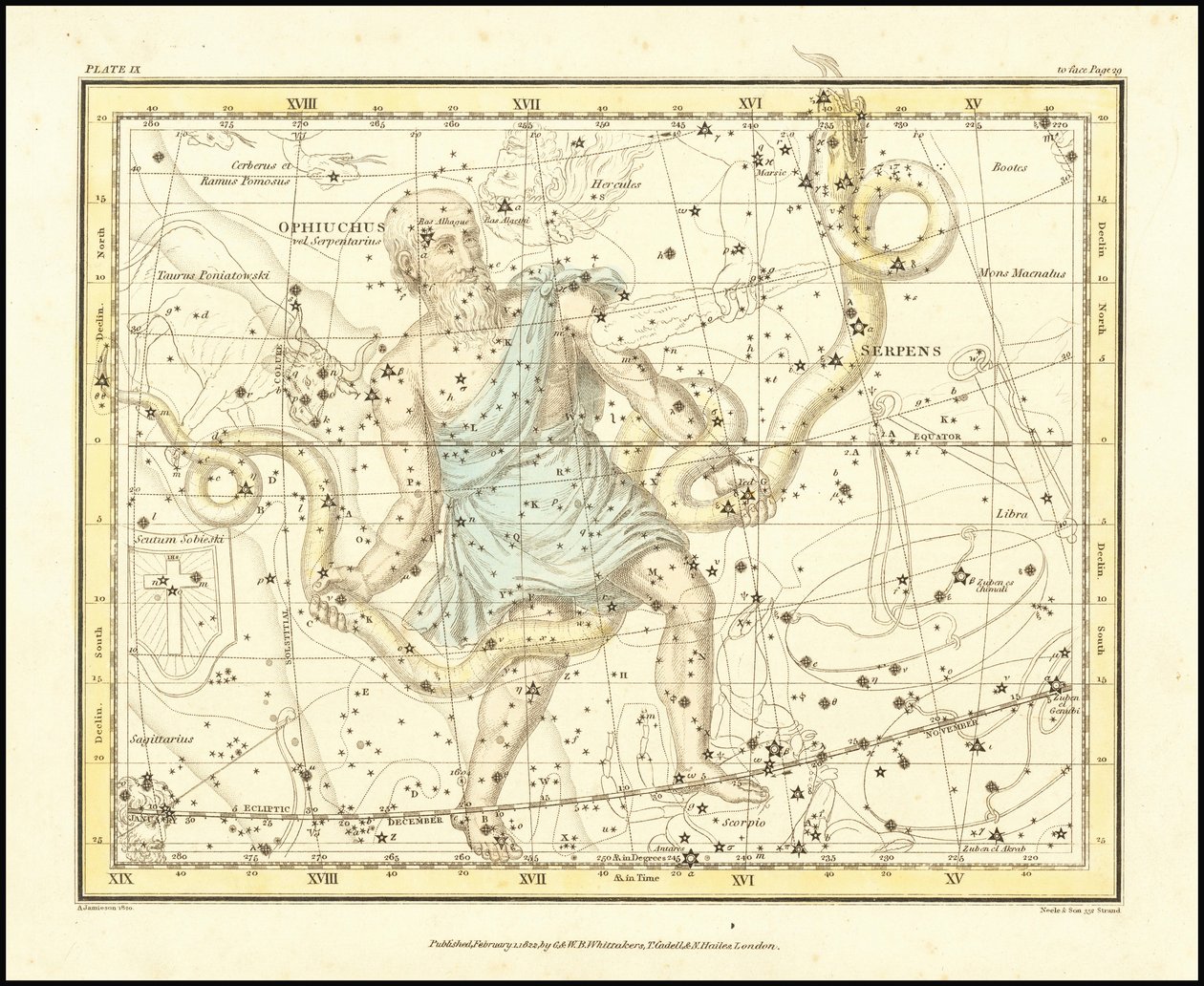 1822 - Alexander Jamieson - Ophiuchus i Wąż (oraz Scutum Sobieski) autorstwa Alexander Jamieson