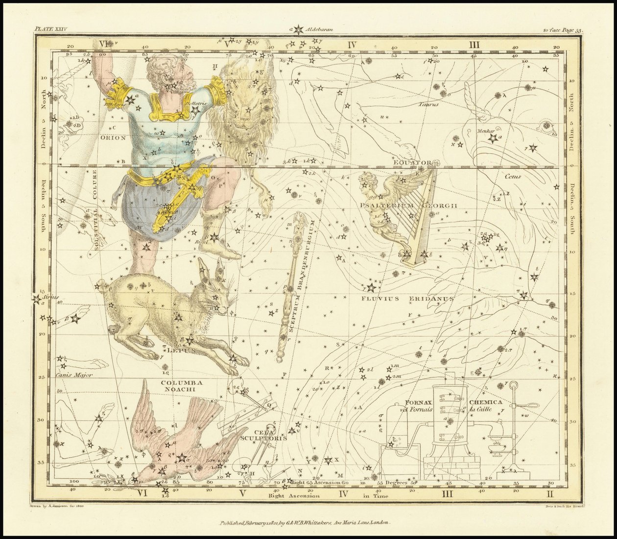 1822 - Alexander Jamieson - Orion, Psaltriem Georgii, Sceptrum Brandenburgium, Lepus i Columba Noachi autorstwa Alexander Jamieson