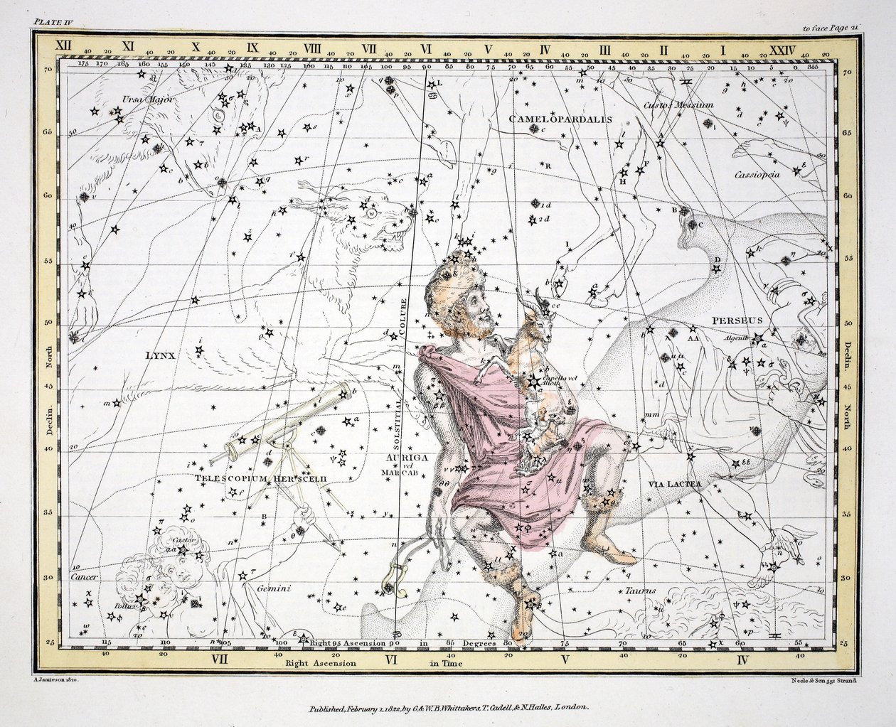 Konstelacje (tabl. IV) Auriga, Camelopaardalis, Telescopium Herschelli, z „Atlasu niebieskiego” Aleksandra Jamiesona, wyd. Londyn 1822 (ręcznie kolorowane grawerowanie) autorstwa Alexander Jamieson
