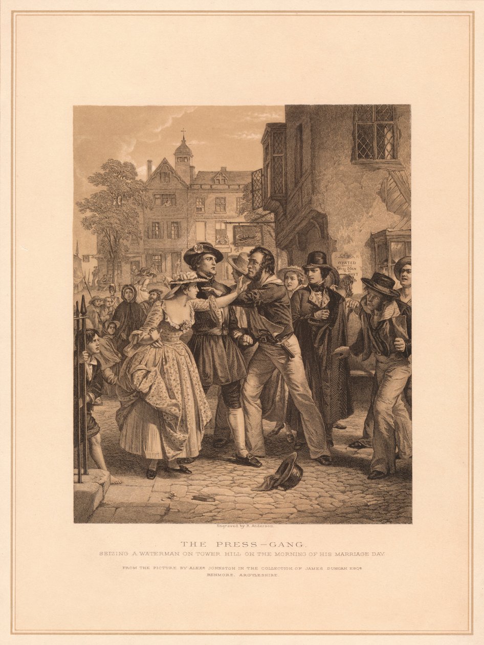 „The Press-Gang: Pojmanie Watermana na Tower Hill w poranek jego małżeństwa”, 1878 autorstwa Alexander Johnston