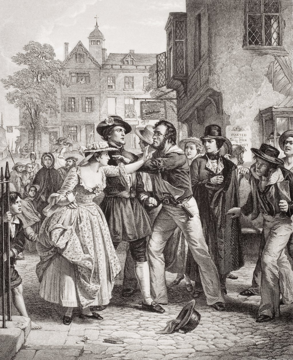 The Press Gang chwyta wodniaka na Tower Hill rano w dniu jego ślubu, z „Illustrations of English and Scottish History” Tom II (patrz 95977) autorstwa Alexander Johnston